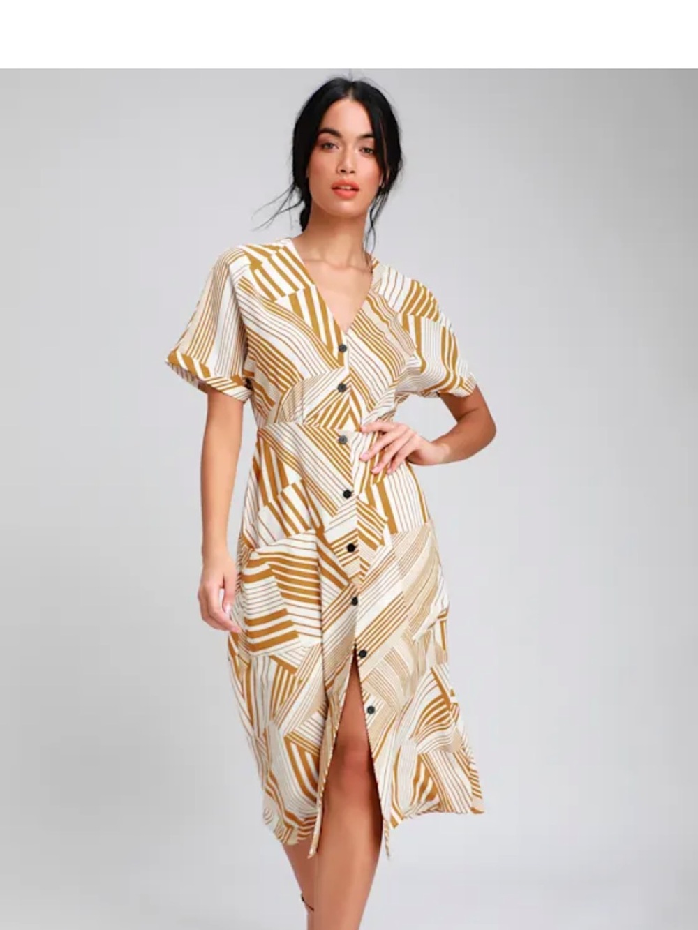 Lulu's Mustard & Cream Striped Button-Front Midi Dress
